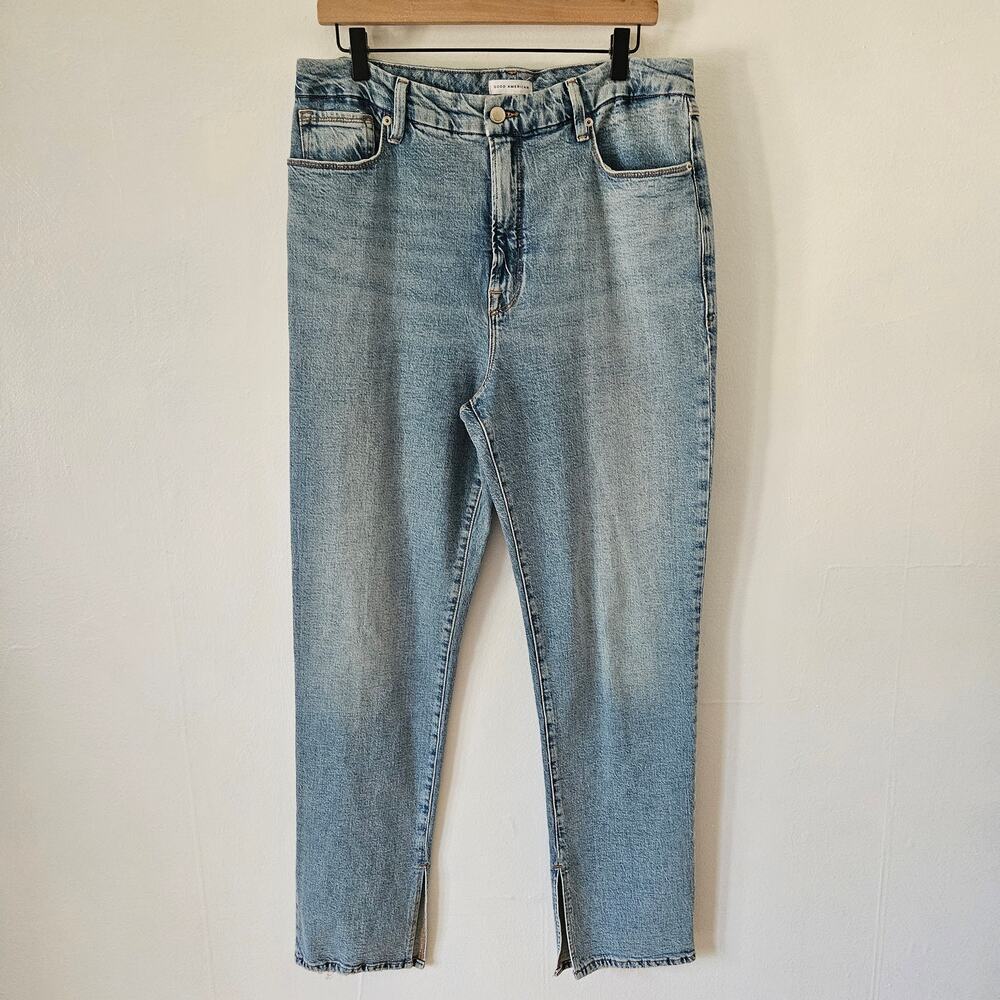 Good American Good Boy Slit Leg High Waist Straight Leg Jeans‎ 14/32 Acid Wash